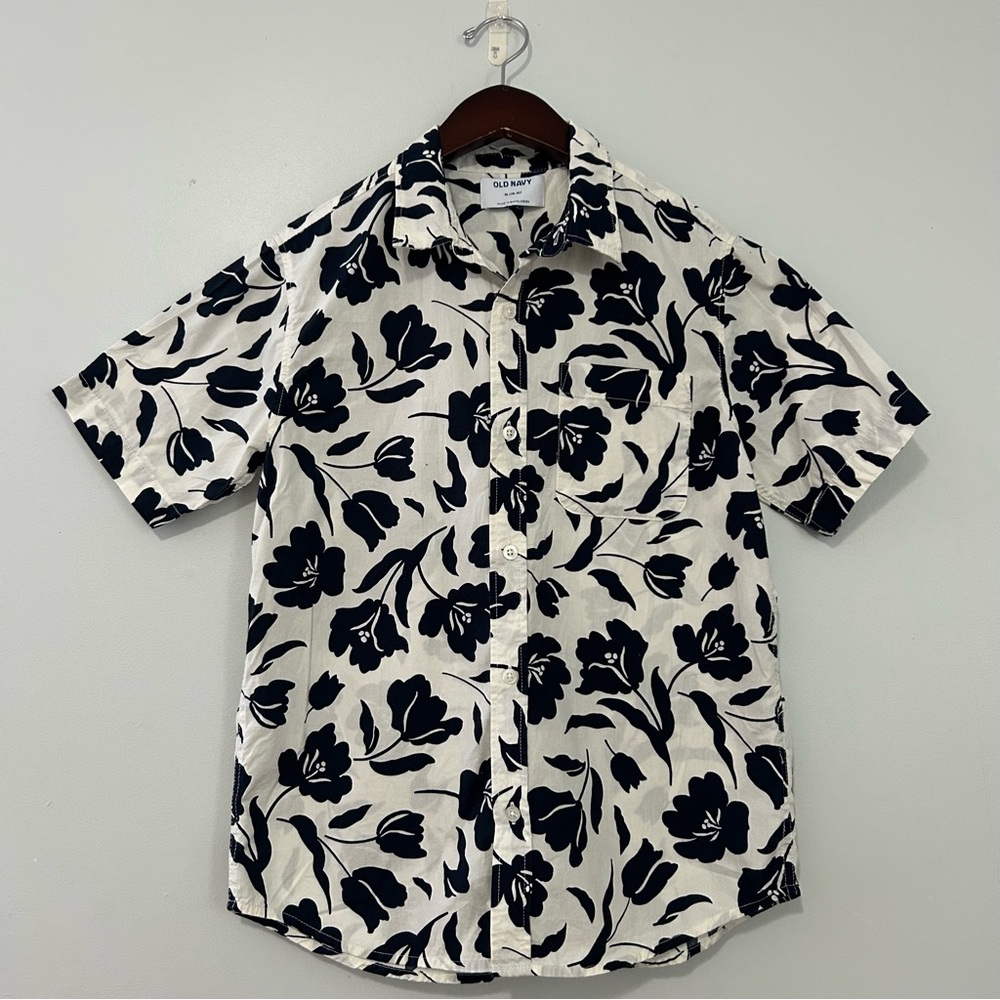 Old Navy Short-Sleeve Printed Poplin Navy Floral Shirt Shirt XL(14-16)